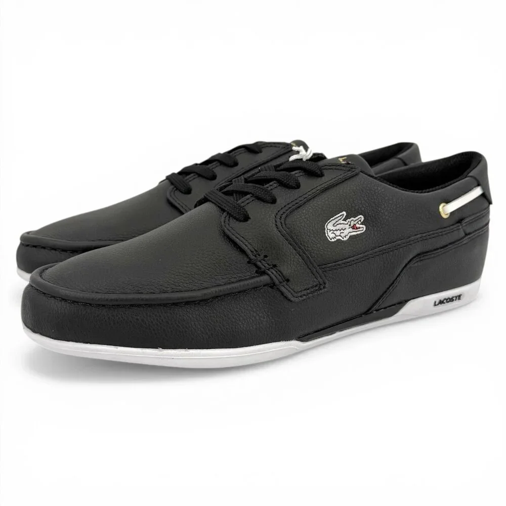 NWT Lacoste Sport Men's Dreyfus AP Leather Lace Up Boat Shoes Black Size 9